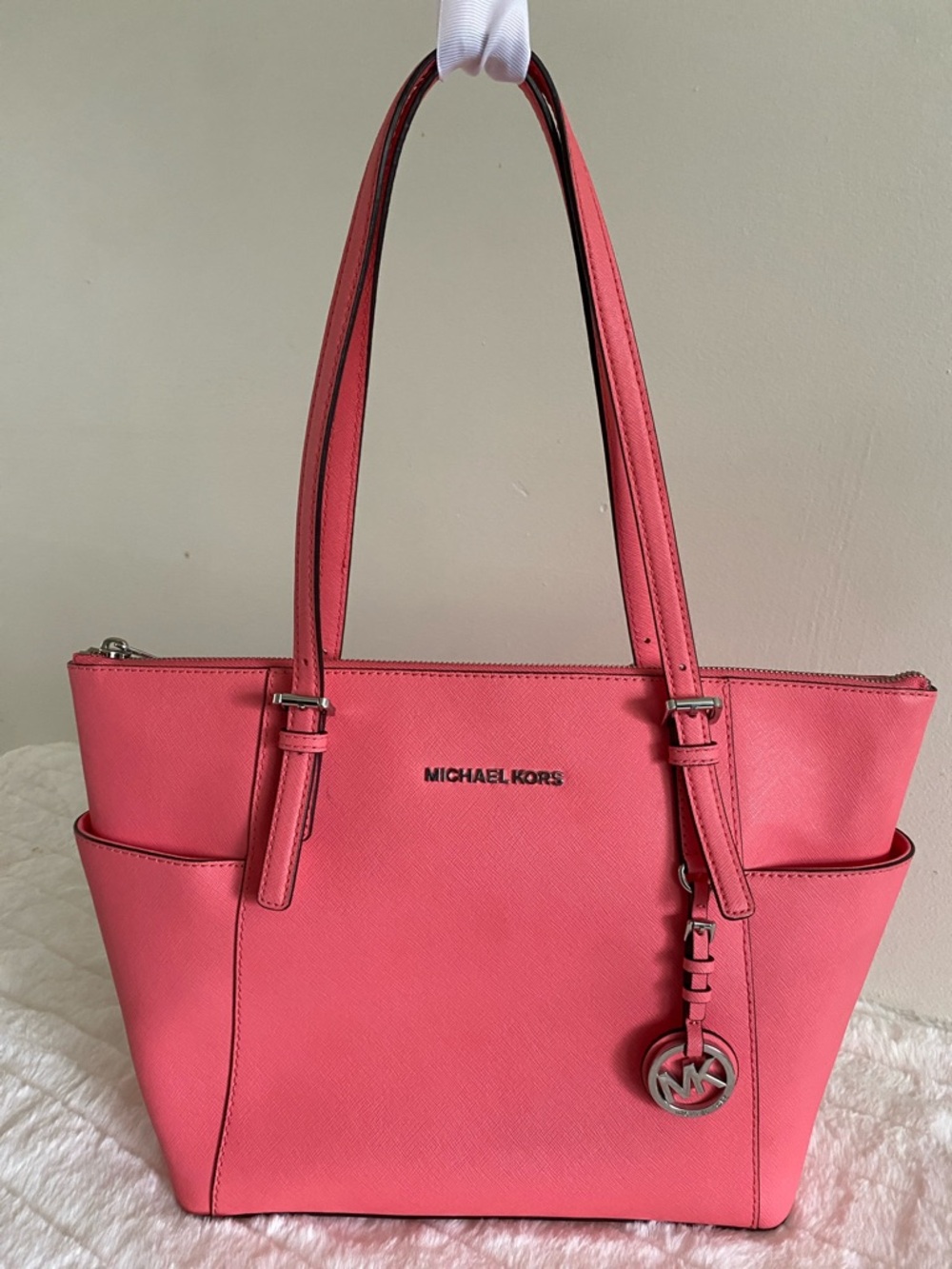 Michael Kors Charlotte Large Saffiano Leather Top-Zip Tote w/ Gunmetal Hardware